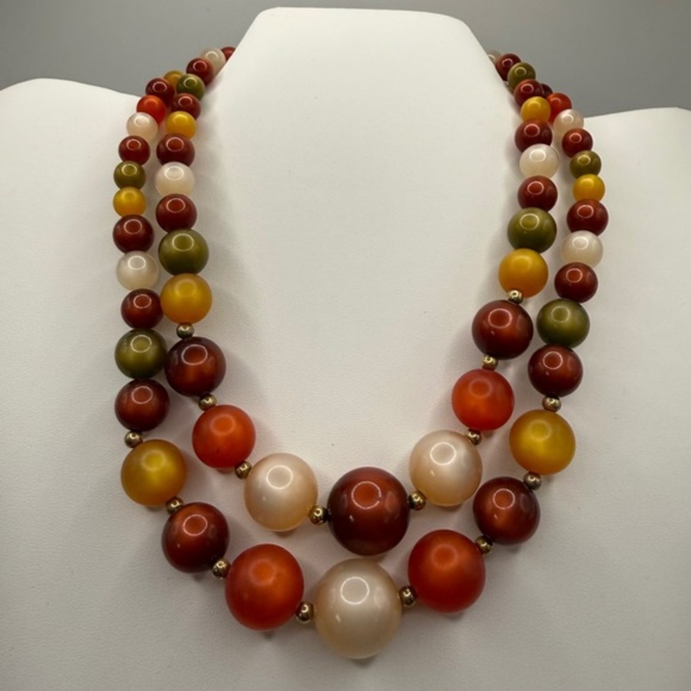 Vintage Style Double Strand Beaded Necklace Earth Tones Autumn Graduated Beads